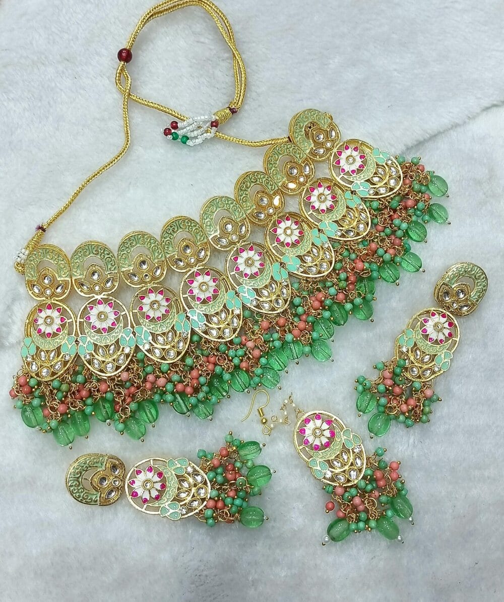 Designer Collection Meena Kundan Big Size Necklace Set With Teeka - Image 6