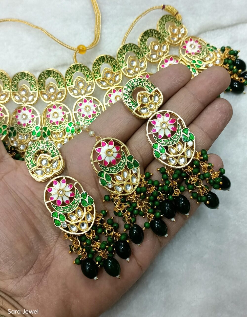 Designer Collection Meena Kundan Big Size Necklace Set With Teeka - Image 3