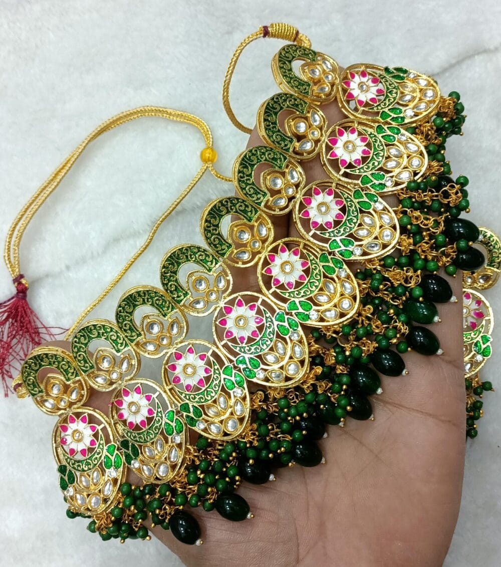 Designer Collection Meena Kundan Big Size Necklace Set With Teeka - Image 2