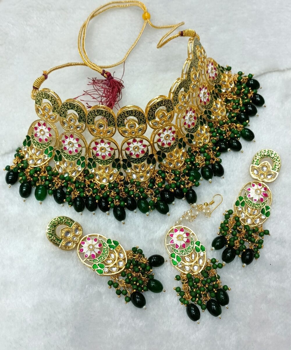 Designer Collection Meena Kundan Big Size Necklace Set With Teeka