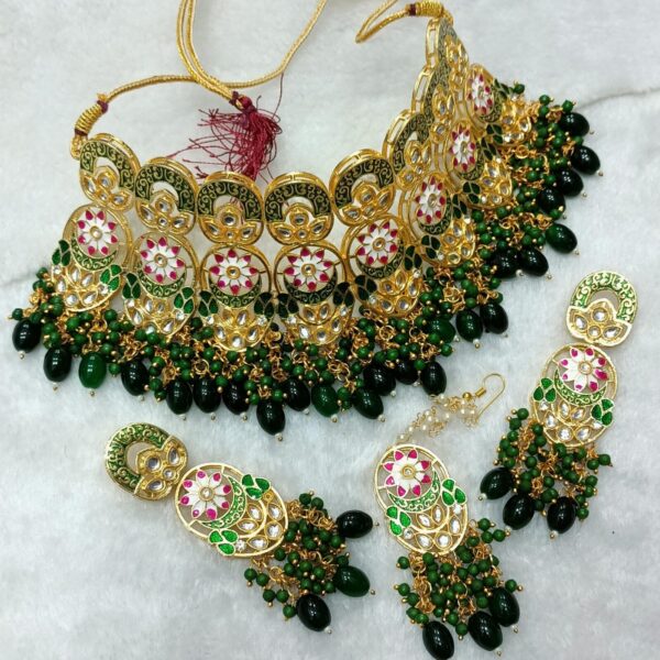 Designer Collection Meena Kundan Big Size Necklace Set With Teeka