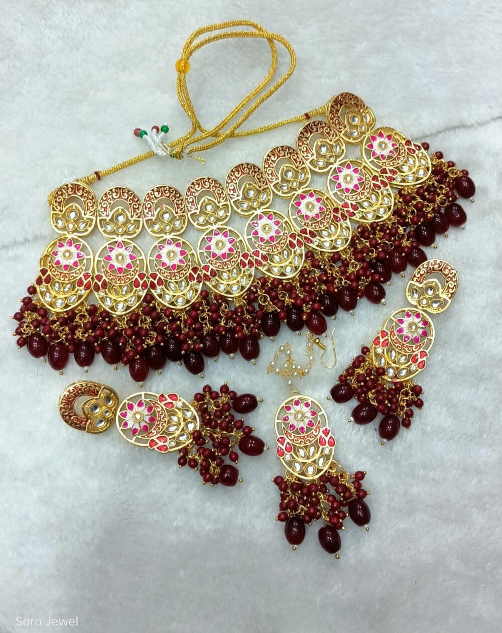 Designer Collection Meena Kundan Big Size Necklace Set With Teeka - Image 4