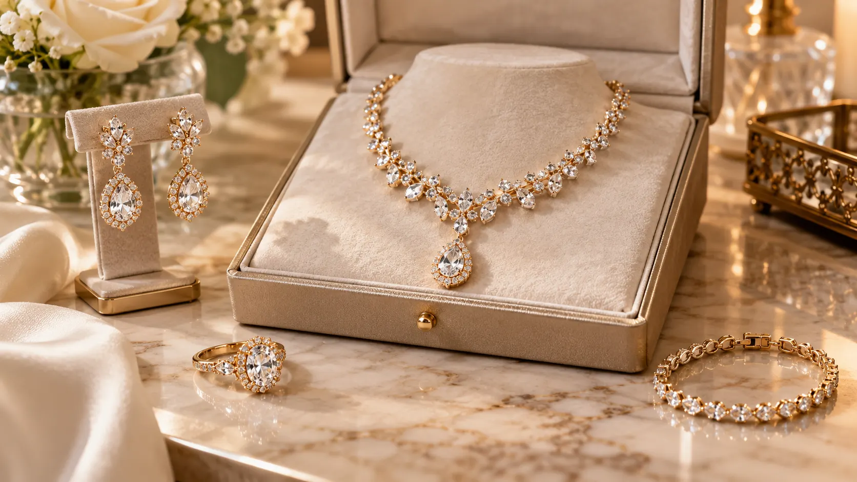 Luxury Jewelry Designers showcasing an elegant fine jewelry collection with necklace, earrings, ring, and bracelet