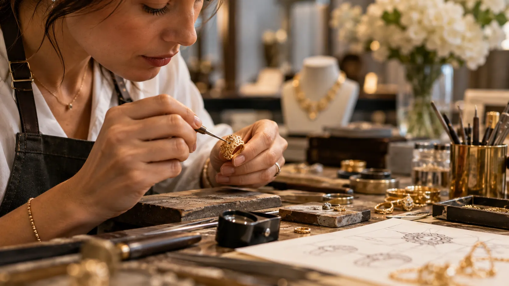 Fine jewelry designer carefully crafting a detailed gold jewelry piece in a professional studio
