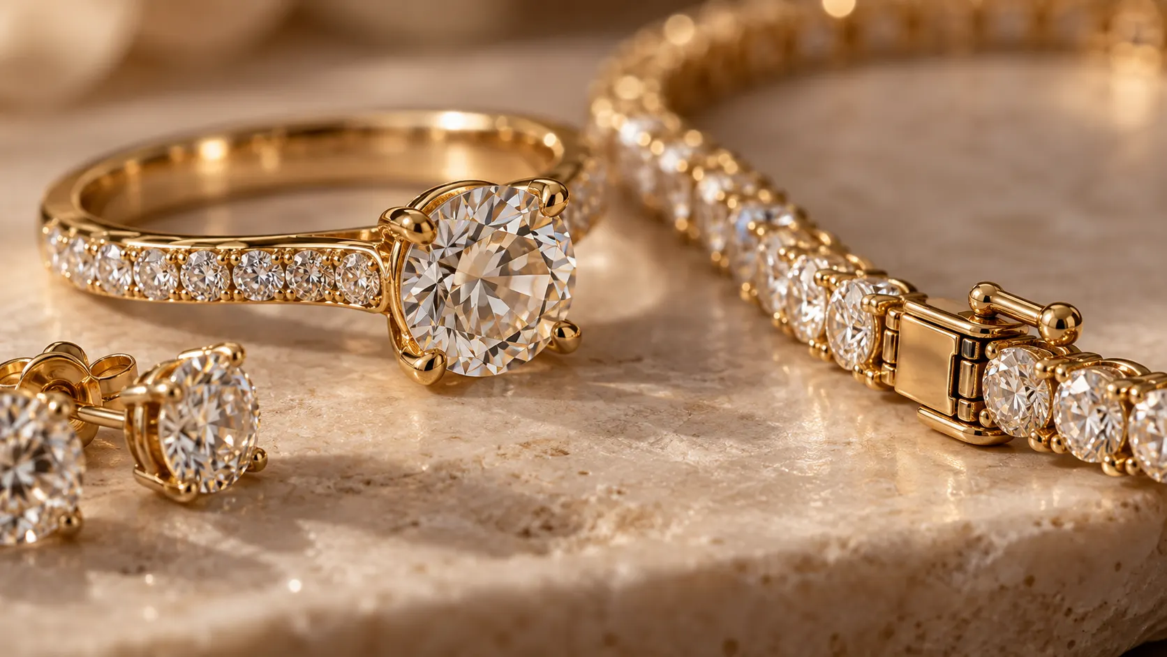 Close-up of gemstone setting, polished gold finishing, and jewelry clasp details
