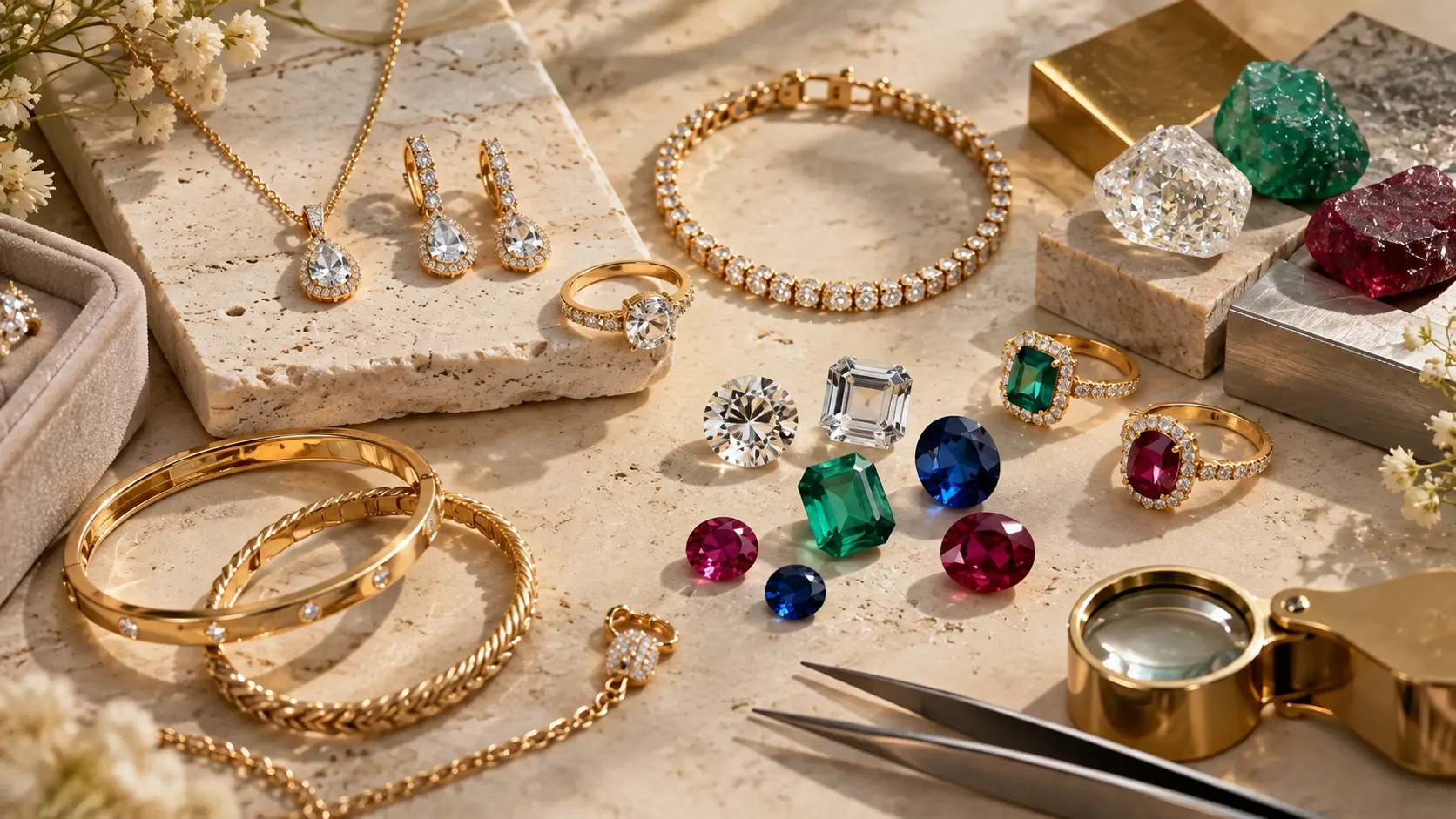 Gold, platinum, diamonds, emeralds, rubies, and sapphires used in luxury jewelry
