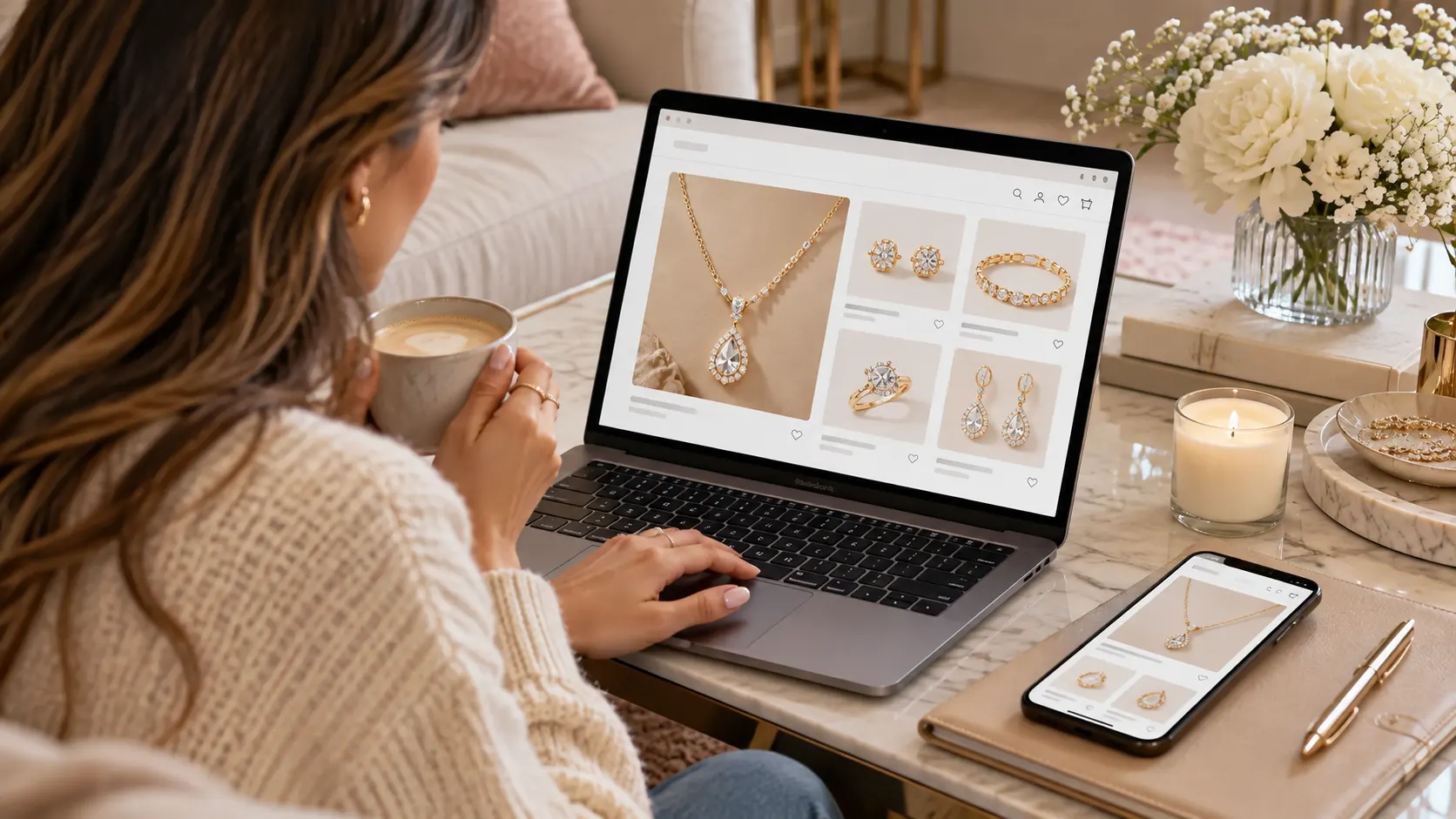 Woman shopping for luxury designer jewelry online using a laptop and smartphone
