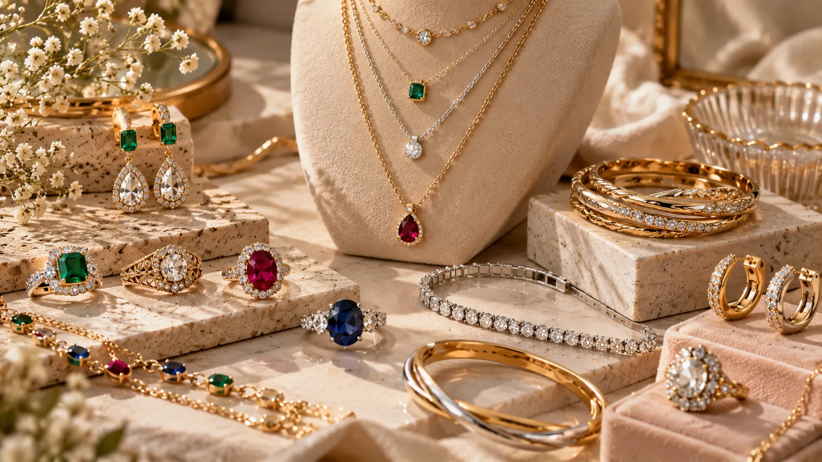Layered necklaces, mixed metals, colorful gemstones, and vintage-inspired luxury jewelry