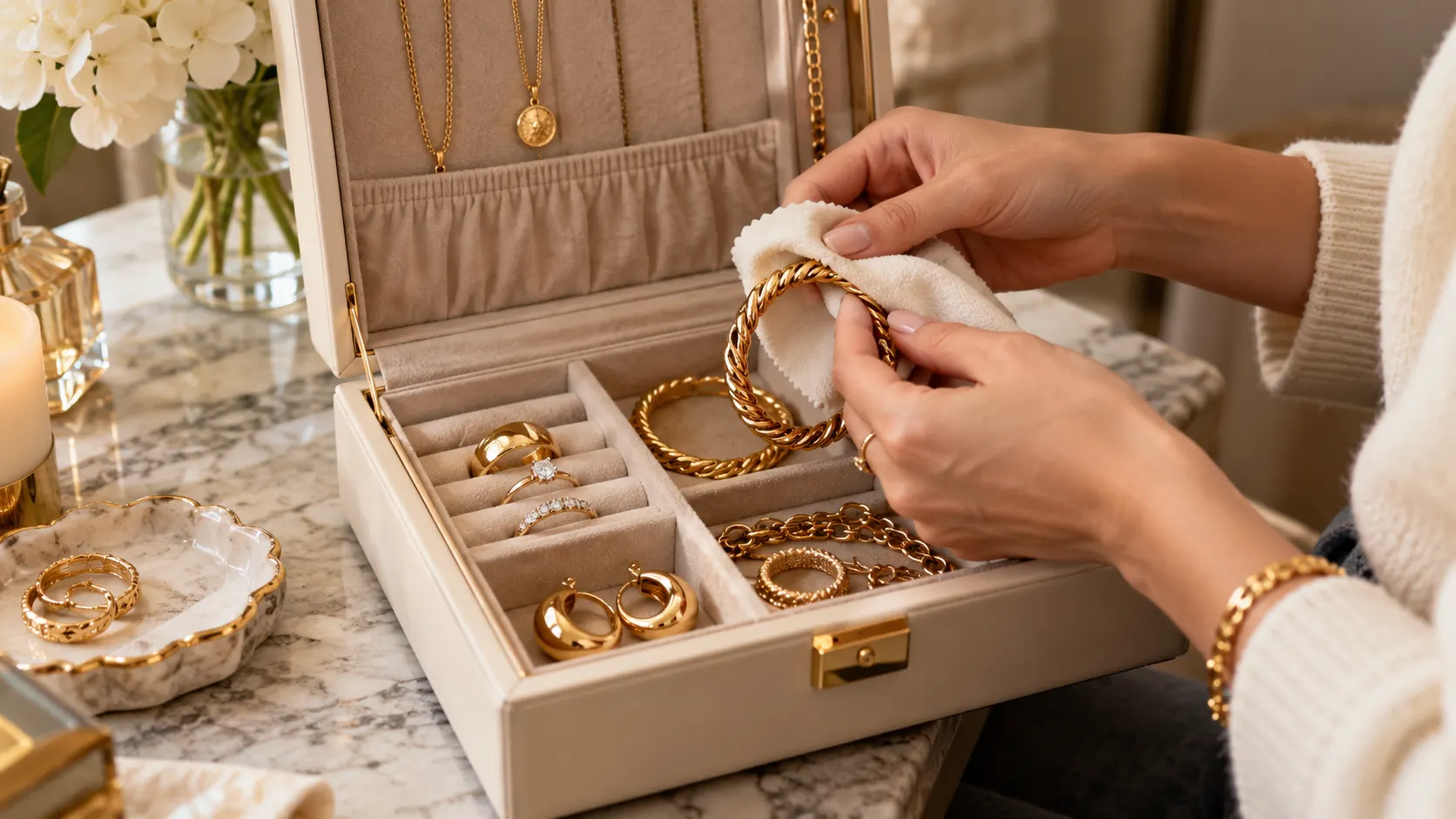 Hands gently cleaning gold designer jewelry before storing it in a jewelry box