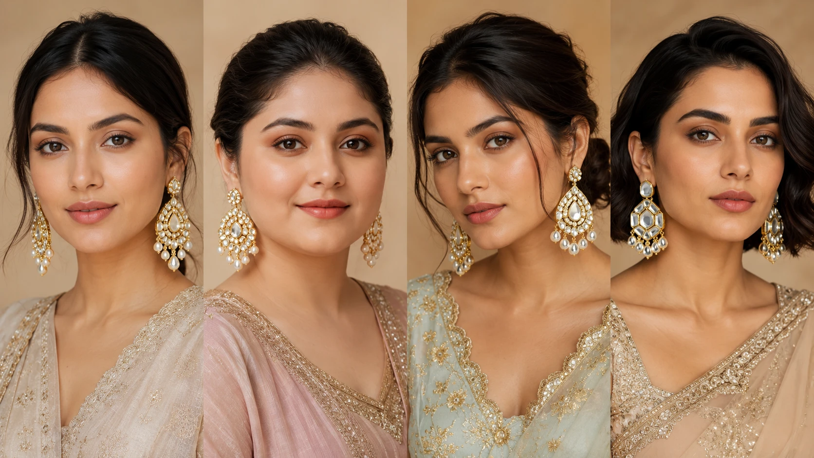 Women with different face shapes wearing elegant Kundan earrings