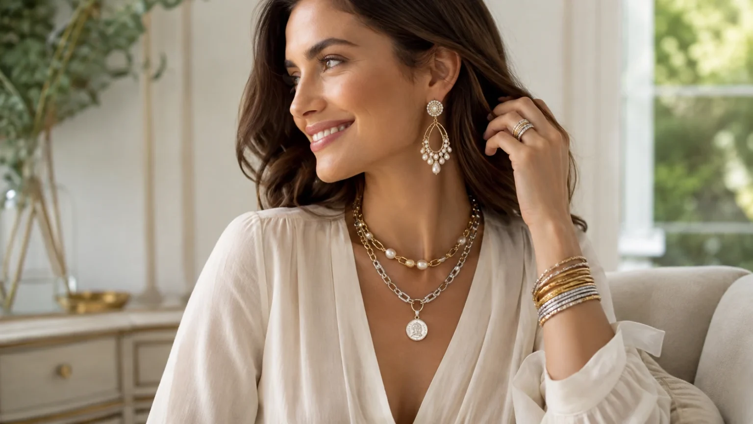 Woman wearing layered costume jewelry, statement earrings, bangles, and rings What Is Costume Jewelry? Style Guide