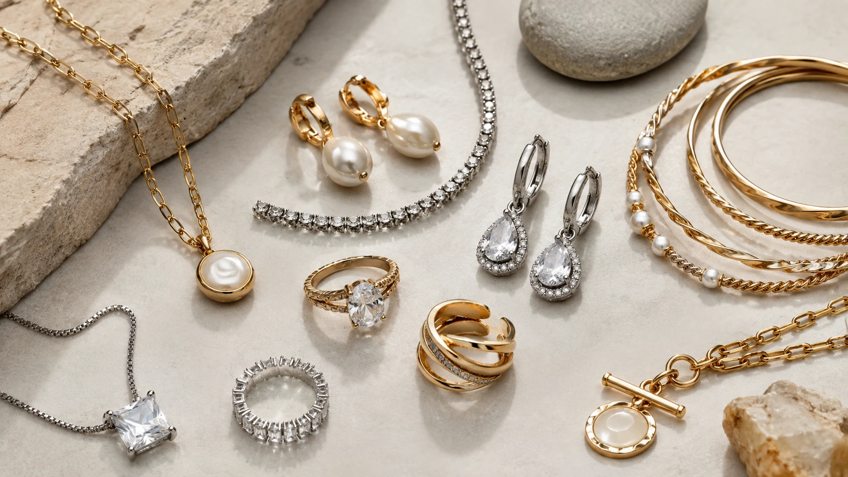 Gold and silver-tone costume jewelry with crystals, pearls, rings, necklaces, and bangles