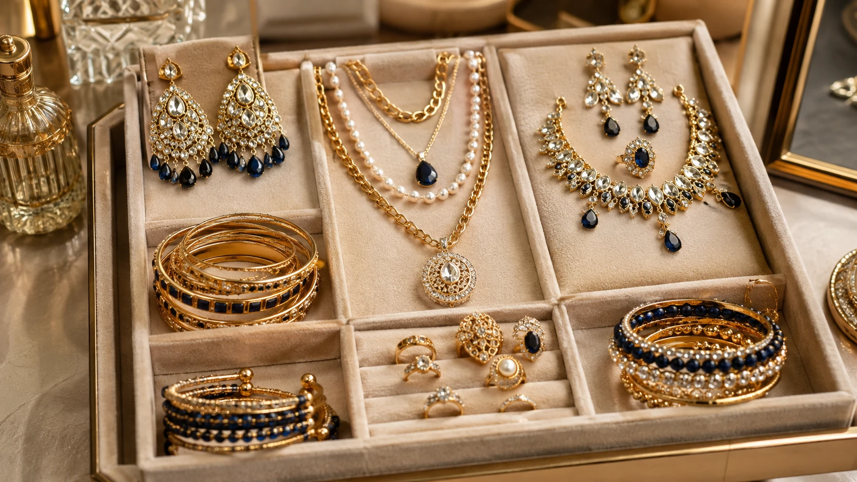 Jewelry tray displaying earrings, necklaces, rings, bangles, and matching costume jewelry sets