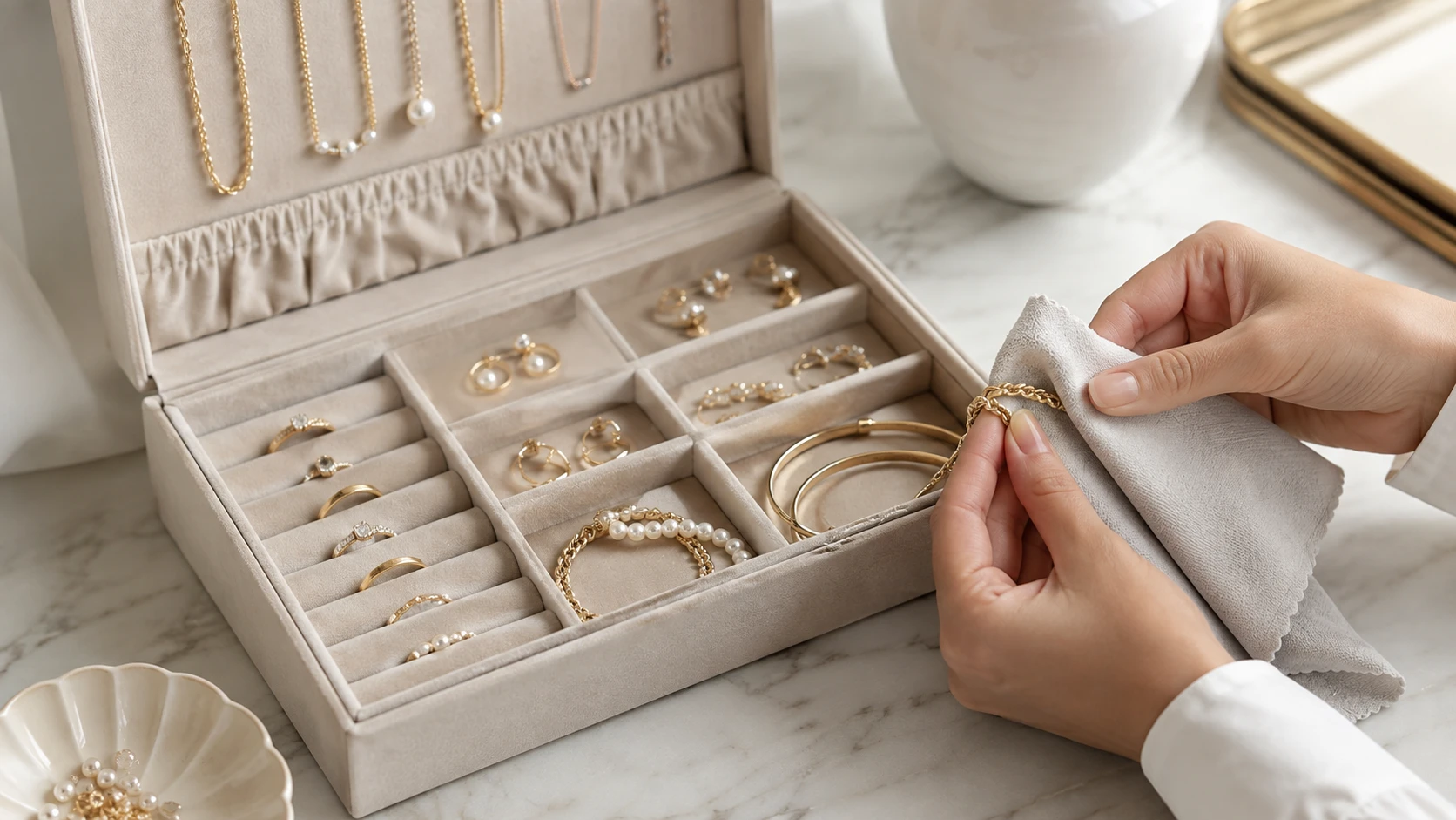 Woman cleaning and organizing costume jewelry in a lined jewelry box